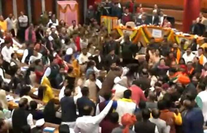 ruckus between AAP, BJP MLCs ruckus between AAP, BJP MLCs