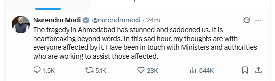 PM Modi Expresses Grief Over Ahmedabad Air India Crash, Says Tragedy Is Heartbreaking