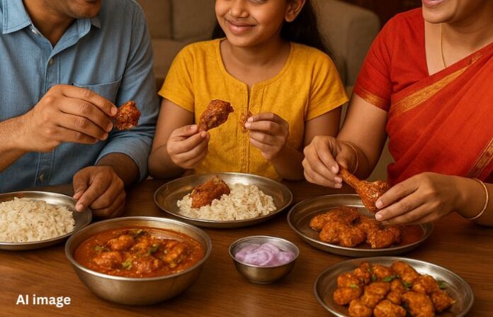 family eat chicken