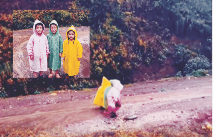 school student in rain